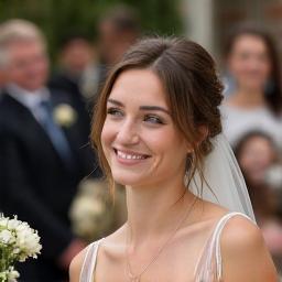 Bride smiling on her wedding day, walking down the aisle