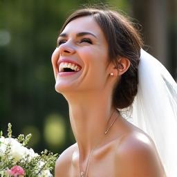 Bride laughing joyfully in her wedding gown