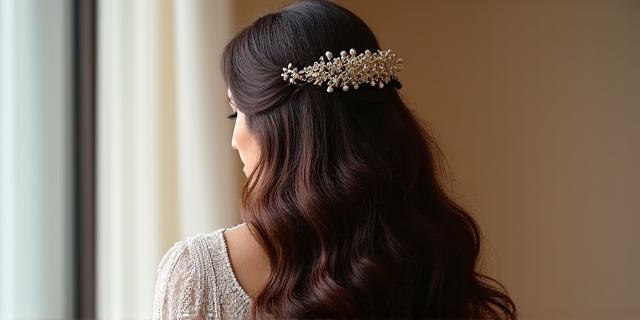 Bride with long, flowing wavy hair, styled elegantly for her wedding day