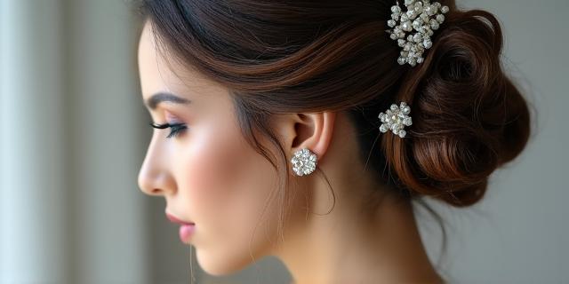 Bride with a romantic, intricate bridal updo, adorned with delicate flowers