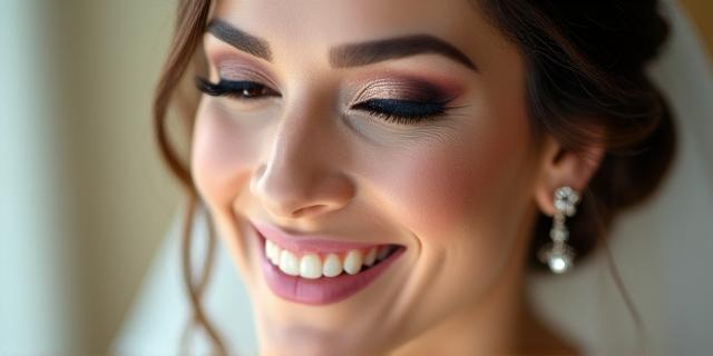 Close-up of a bride with classic, elegant bridal makeup