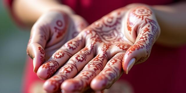 Detailed shot of bride's hands adorned with delicate floral henna patterns