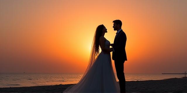 Couple on a beach at sunset, pre-wedding shoot scene with bride's hair and makeup flawless
